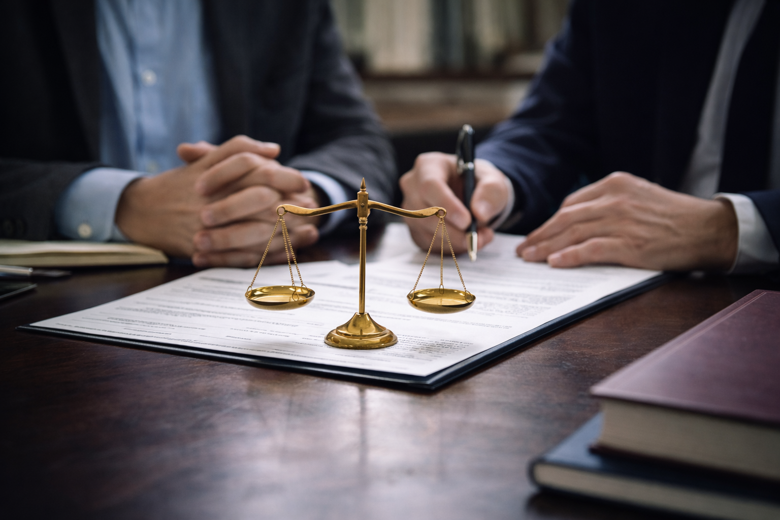 Abogado revisando documentación legal con cliente en una mesa de despacho