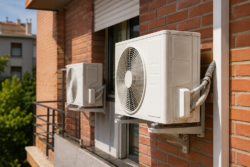 Unidad exterior de aire acondicionado instalada en la fachada de un edificio residencial