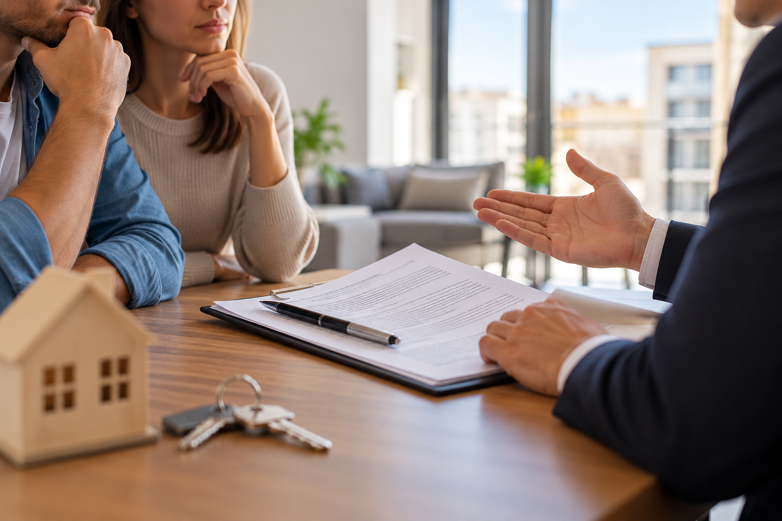 Reunión entre propietarios, inquilinos y un asesor inmobiliario para revisar un contrato de alquiler y resolver dudas sobre la normativa de vivienda